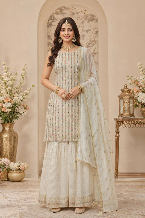 Off White Georgette Sharara Suit Embroidery,swarovski Work - Front View | Samyak Fashion
