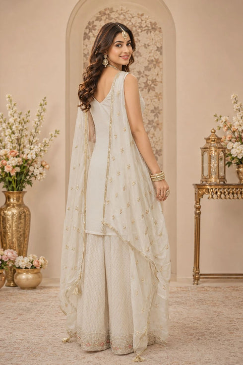 Off White Georgette Sharara Suit Embroidery,swarovski Work - Back View | Samyak Fashion