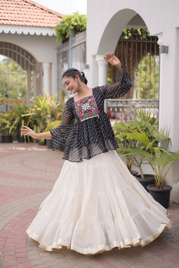 Off White Kora Cotton Lehenga Choli - Front View | Samyak Fashion