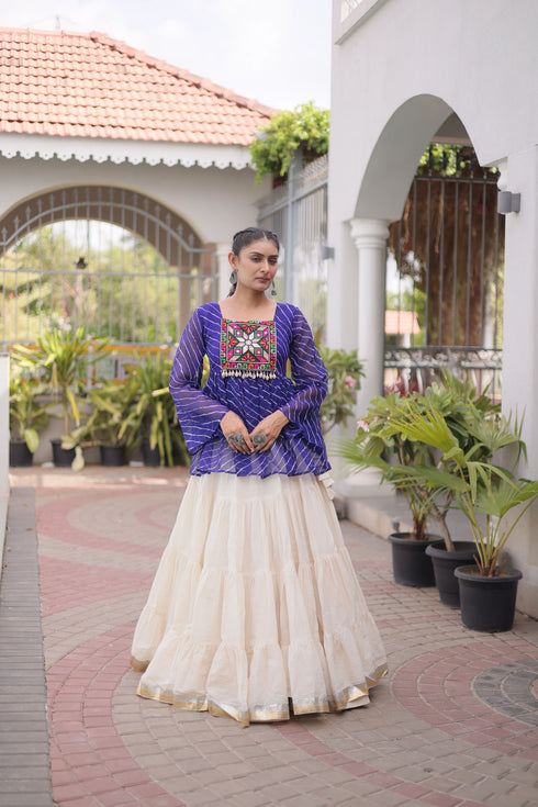 Off White Kora Cotton Lehenga Choli - Detail View | Samyak Fashion
