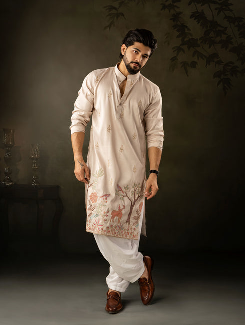 Off White Rayon Mens Kurta With Payjama - Front View | Samyak Fashion