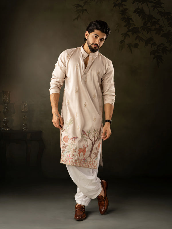 Off White Rayon Mens Kurta With Payjama - Front View | Samyak Fashion