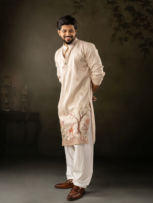 Off White Rayon Mens Kurta With Payjama - Detail View | Samyak Fashion