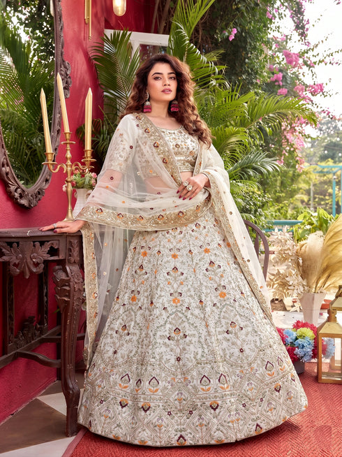 Off White Satin Silk Lehenga Choli Ethnic Embroidery Sequins Work With Can-can & Canvas Patta - Front View | Samyak Fashion