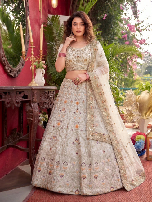 Off White Satin Silk Lehenga Choli Ethnic Embroidery Sequins Work With Can-can & Canvas Patta - Back View | Samyak Fashion