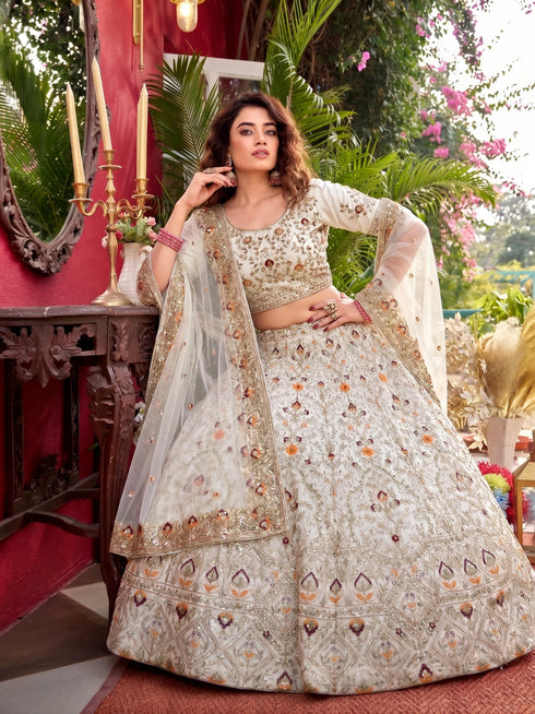 Off White Satin Silk Lehenga Choli Ethnic Embroidery Sequins Work With Can-can & Canvas Patta - Side View | Samyak Fashion