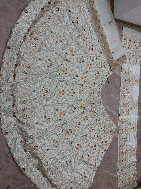 Off White Satin Silk Lehenga Choli Ethnic Embroidery Sequins Work With Can-can & Canvas Patta - Detail View | Samyak Fashion