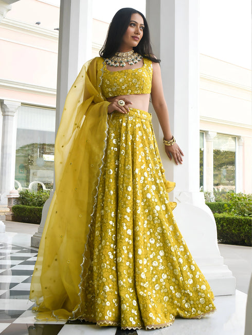Olive Georgette Lehenga Choli - Front View | Samyak Fashion