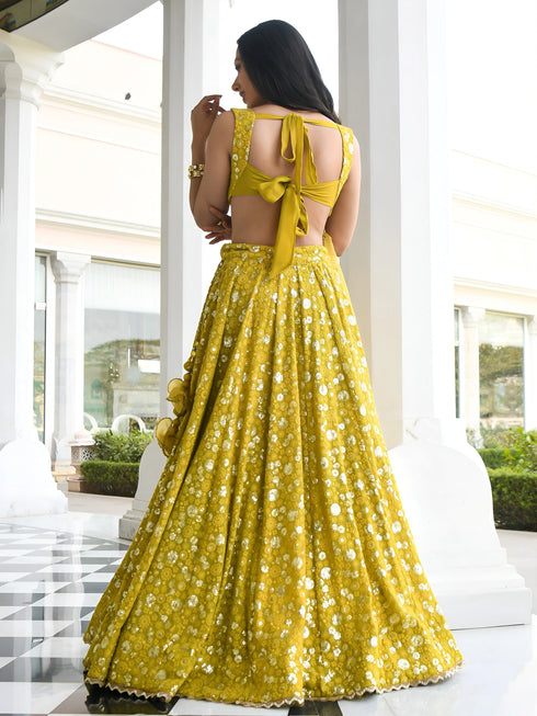 Olive Georgette Lehenga Choli - Back View | Samyak Fashion