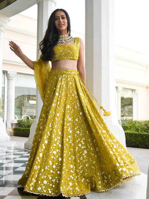 Olive Georgette Lehenga Choli - Side View | Samyak Fashion