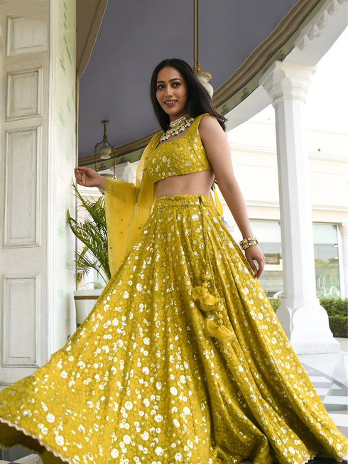 Olive Georgette Lehenga Choli - Detail View | Samyak Fashion