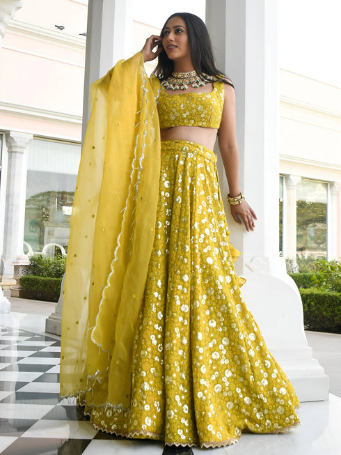 Olive Georgette Lehenga Choli - Close-up View | Samyak Fashion