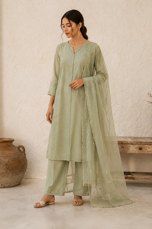 Olive Green Cotton Salwar Suit - Front View | Samyak Fashion