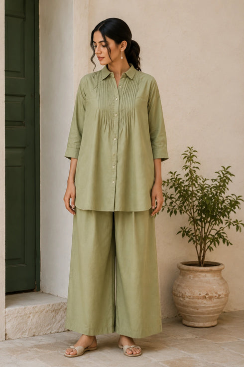 Olive Green Cotton Top Bottom - Front View | Samyak Fashion