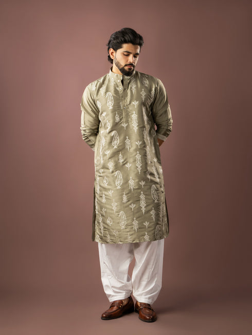 Olive Green Silk Mens Kurta With Payjama - Front View | Samyak Fashion