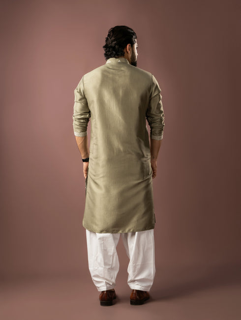Olive Green Silk Mens Kurta With Payjama - Back View | Samyak Fashion