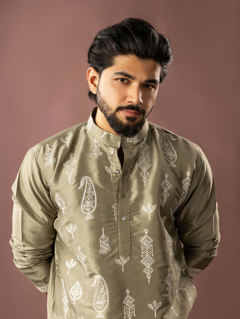 Olive Green Silk Mens Kurta With Payjama - Side View | Samyak Fashion
