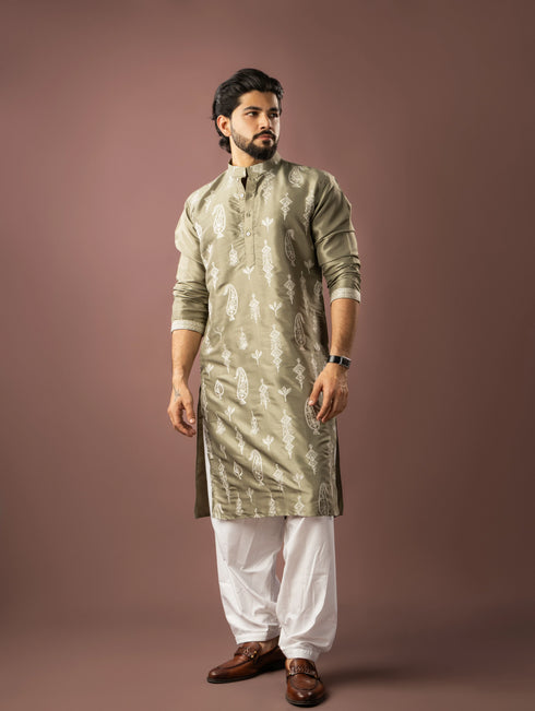 Olive Green Silk Mens Kurta With Payjama - Detail View | Samyak Fashion