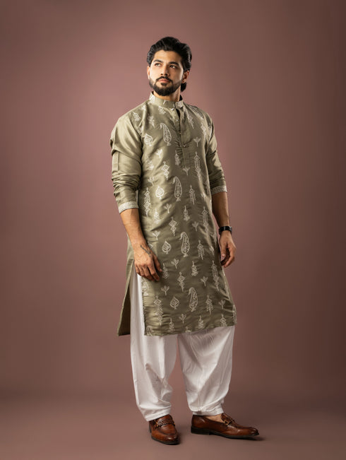 Olive Green Silk Mens Kurta With Payjama - Close-up View | Samyak Fashion