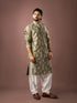 Olive Green Silk Mens Kurta With Payjama - Close-up View | Samyak Fashion