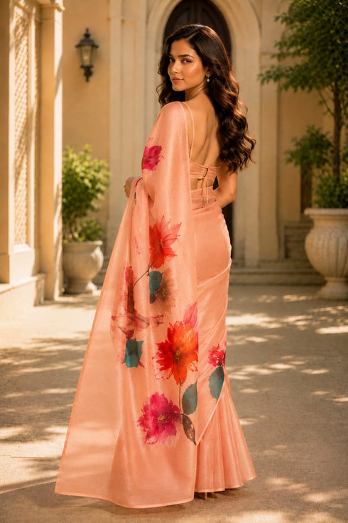 Orange Chanderi Linen Saree With Blouse - Back View | Samyak Fashion