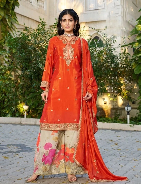 Orange Chinon Plazzo Suit With Dupatta - Front View | Samyak Fashion