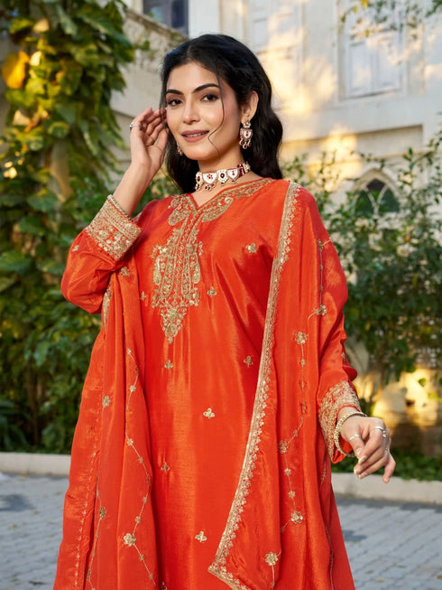 Orange Chinon Plazzo Suit With Dupatta - Back View | Samyak Fashion