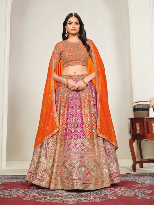 Orange Faux Georgette Lehenga Choli - Front View | Samyak Fashion