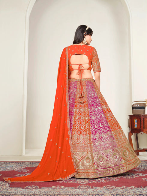 Orange Faux Georgette Lehenga Choli - Back View | Samyak Fashion