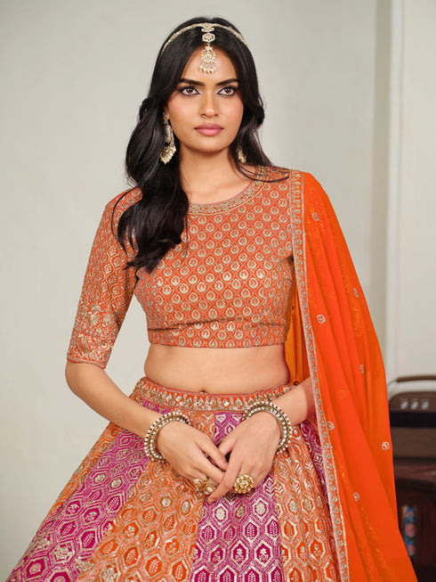 Orange Faux Georgette Lehenga Choli - Side View | Samyak Fashion