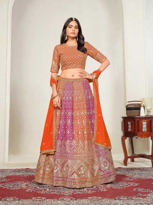 Orange Faux Georgette Lehenga Choli - Detail View | Samyak Fashion