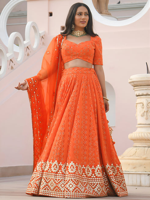 Orange Georgette Lehenga Choli - Front View | Samyak Fashion