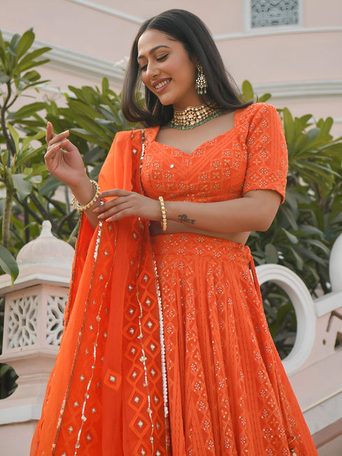 Orange Georgette Lehenga Choli - Side View | Samyak Fashion