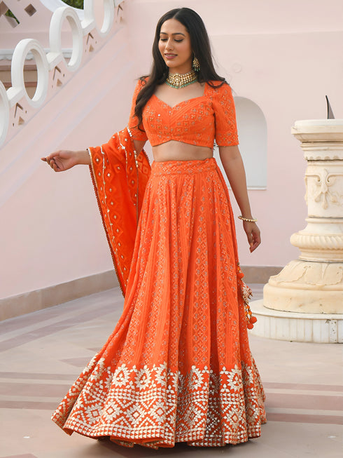 Orange Georgette Lehenga Choli - Close-up View | Samyak Fashion