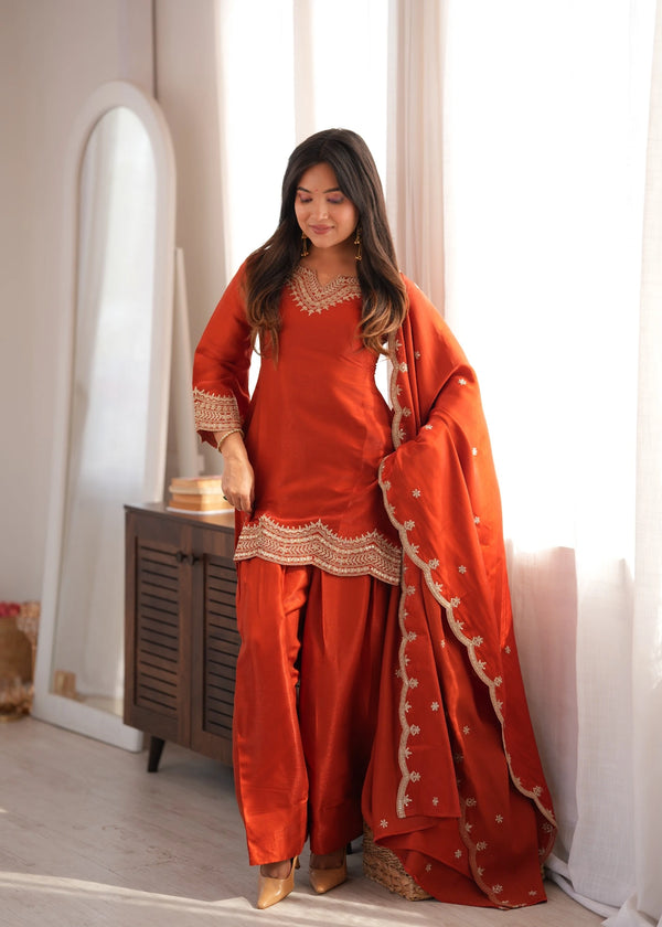 Orange Glass Roman Silk Elementary Suit - Front View | Samyak Fashion