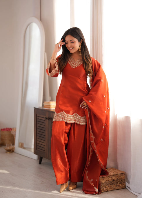 Orange Glass Roman Silk Elementary Suit - Side View | Samyak Fashion