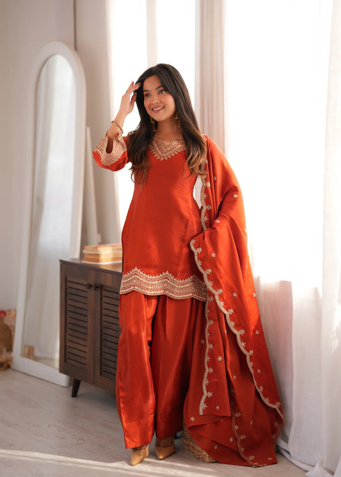 Orange Glass Roman Silk Elementary Suit - Detail View | Samyak Fashion