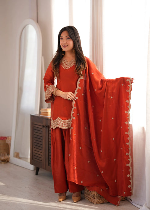Orange Glass Roman Silk Elementary Suit - Full View | Samyak Fashion