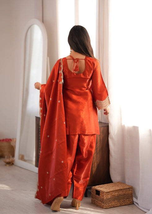 Orange Glass Roman Silk Elementary Suit - Styled View | Samyak Fashion