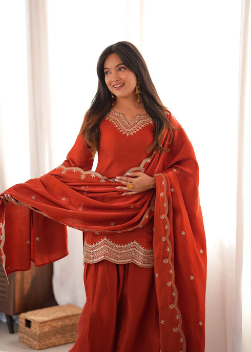Orange Glass Roman Silk Elementary Suit - Front View | Samyak Fashion