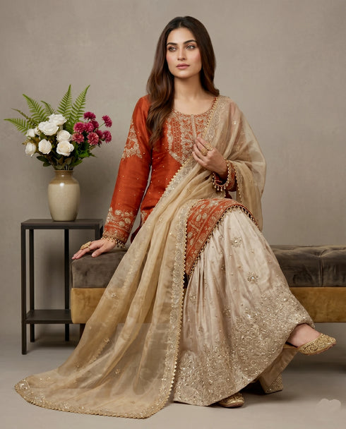 Orange Heavy Gmy Silk Elegant Salwar Suit - Back View | Samyak Fashion