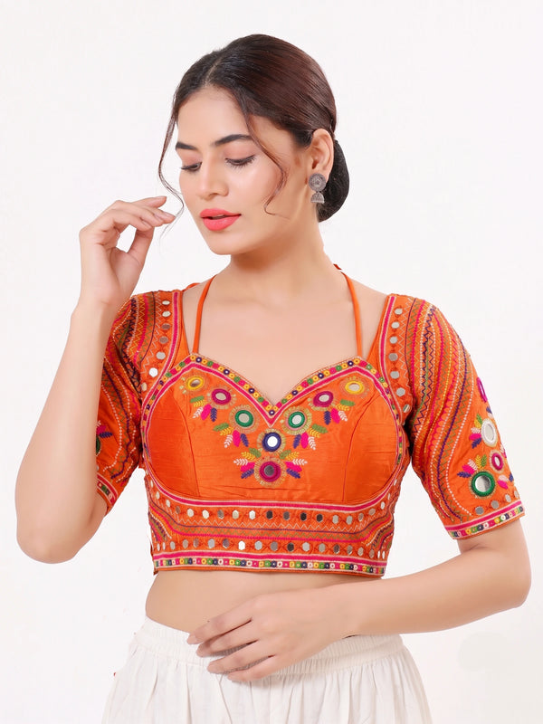 Orange Heavy Italian Silk Blouse - Front View | Samyak Fashion