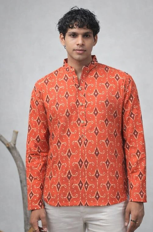 Orange Linen Mens Short Kurta - Front View | Samyak Fashion