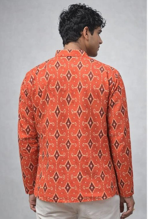 Orange Linen Mens Short Kurta - Back View | Samyak Fashion