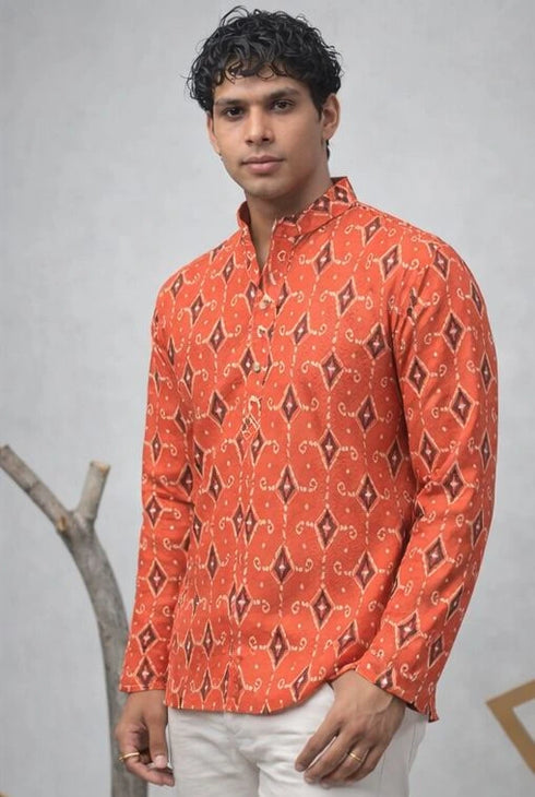 Orange Linen Mens Short Kurta - Side View | Samyak Fashion