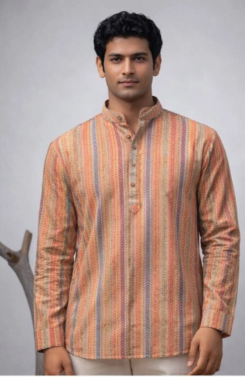 Orange Linen Mens Short Kurta - Side View | Samyak Fashion
