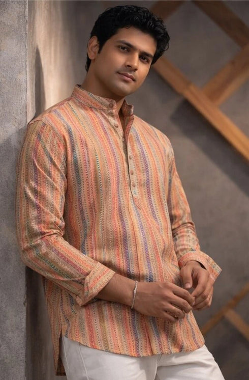 Orange Linen Mens Short Kurta - Detail View | Samyak Fashion