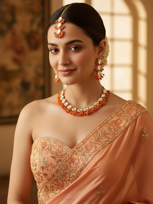 Orange Necklace Set - Front View | Samyak Fashion