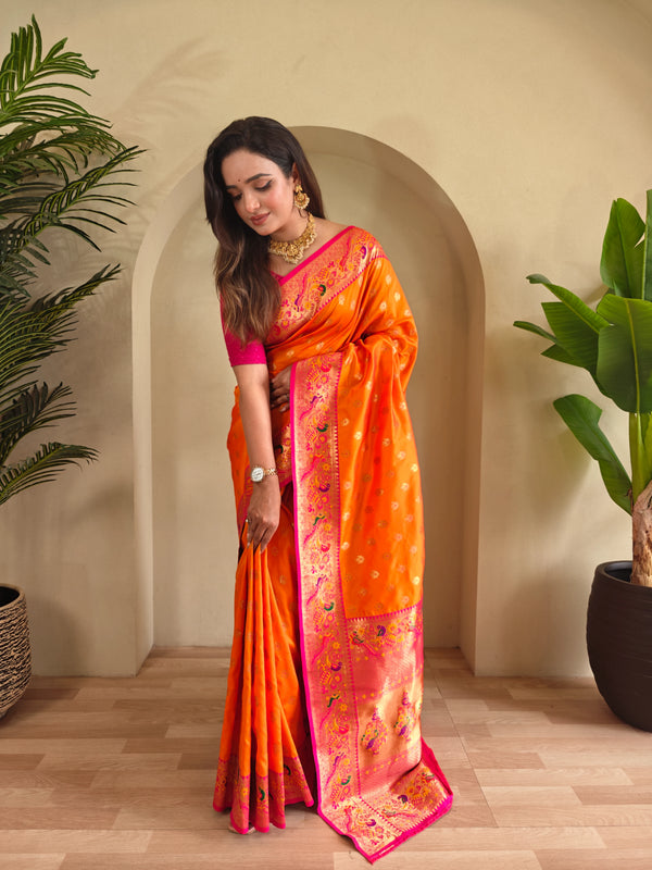 Orange Paithani Silk Party Wear Saree With Blouse - Front View | Samyak Fashion