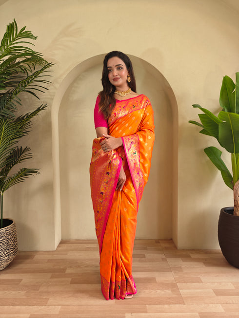 Orange Paithani Silk Party Wear Saree With Blouse - Back View | Samyak Fashion